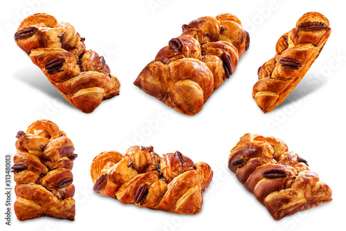 Maple and pecan plait Danish pastry on a white isolated background
