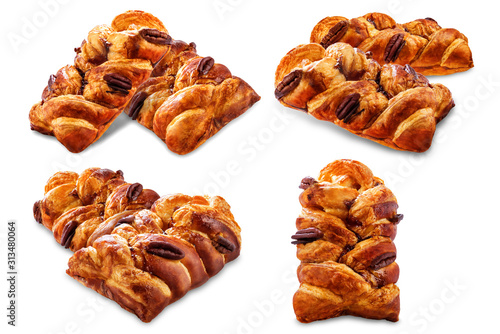 Maple and pecan plait Danish pastry on a white isolated background