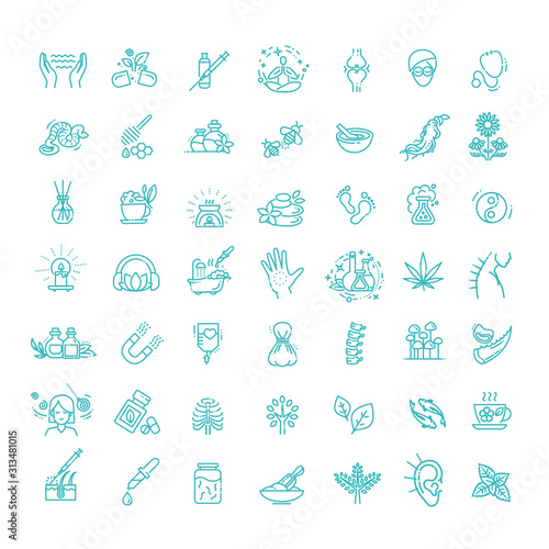Set of vector illustrations of different kinds of alternative medicine