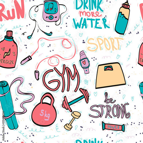 Seamless pattern with sport symbols maed in doodle style