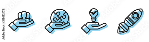 Set line Light bulb in hand, Project team base, Piece of puzzle in hand and Rocket ship with fire icon. Vector