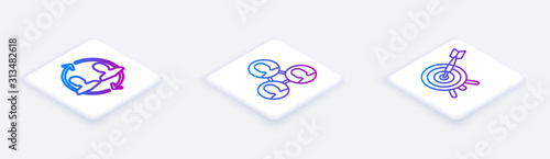 Set Isometric line Human resources, Project team base and Target with arrow. White square button. Vector
