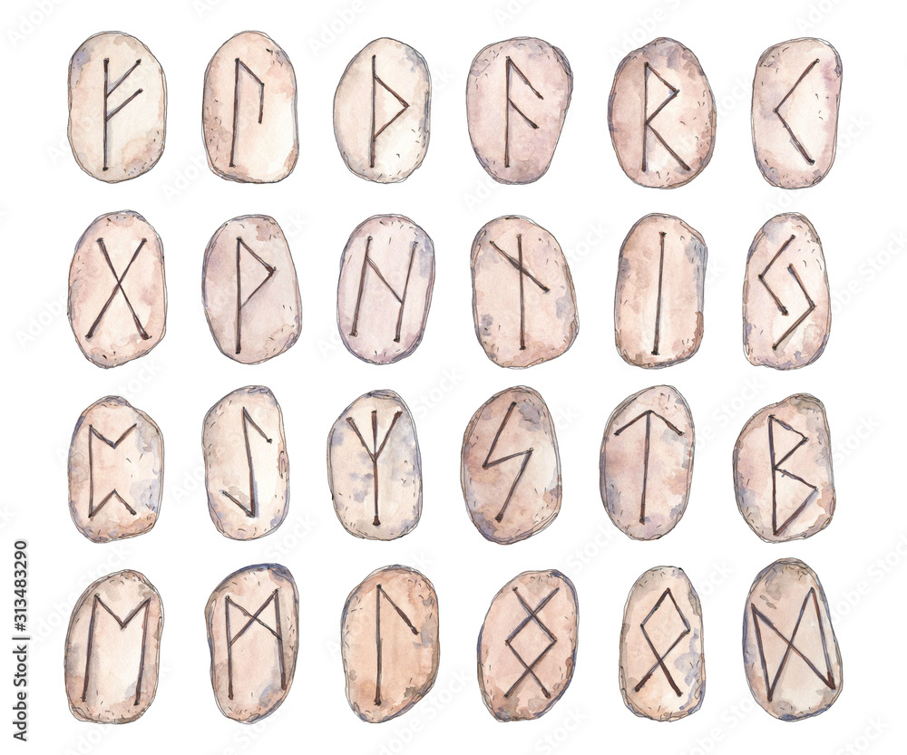 Set with 24 scandinavian runes hand drawn in watercolor sketching style. Collection of elements for magic, mystical, occult, nordic, astrological design. Set with 24 scandinavian runes hand drawn in watercolor sketching style. Collection of elements for magic, mystical, occult, nordic, astrological design.
