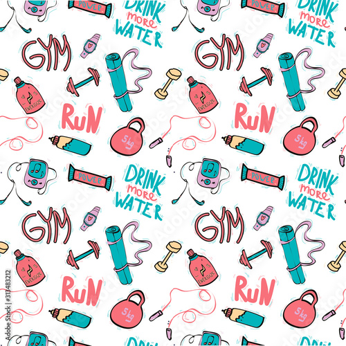 Seamless pattern with sport symbols maed in doodle style