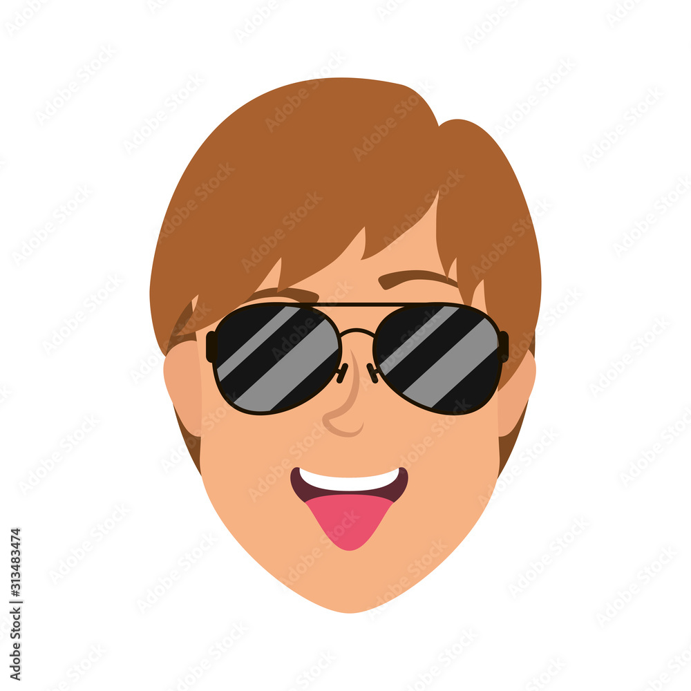 young man head with sunglasses character young man head with sunglasses character