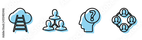 Set line Human head with question mark, Ladder leading to cloud, Project team base and Project team base icon. Vector