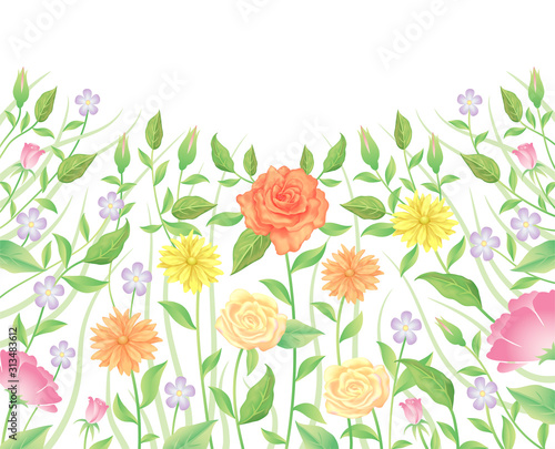 Floral frame colorful and beautiful rose flowers and leaves template decoration.