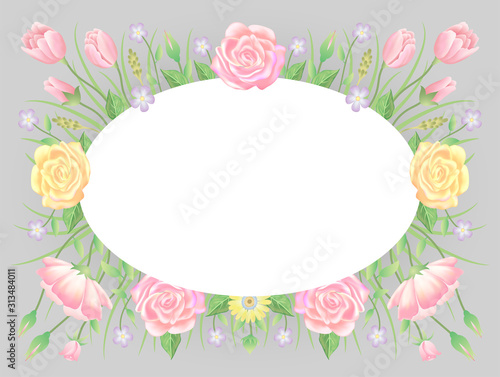 Floral frame colorful and beautiful rose flowers and leaves template decoration.