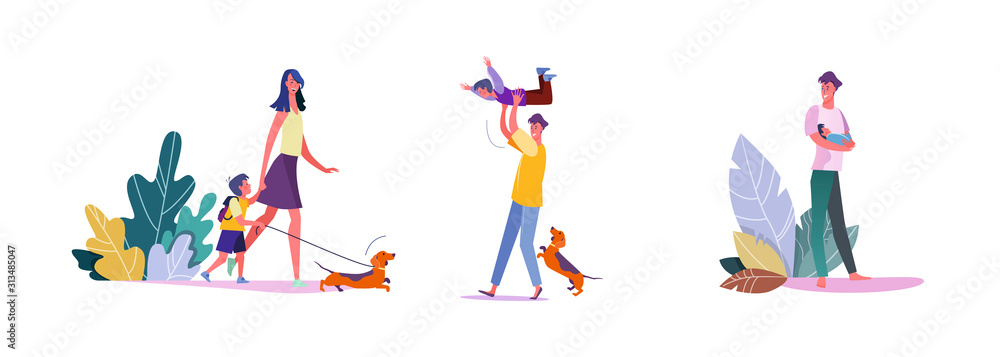Set of happy parents with children Set of happy parents with children