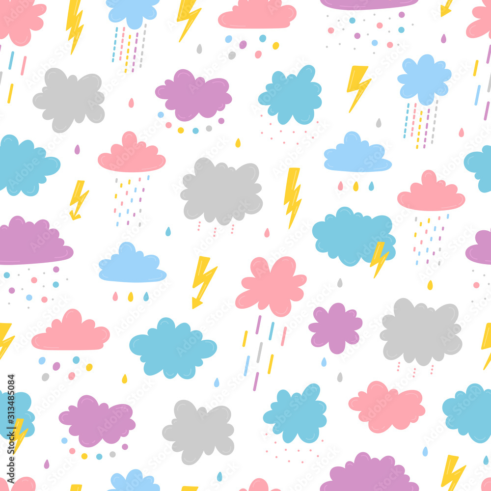 Vector Seamless Pattern with Cute Clouds with Rain Drops, Thunder and Lightning Icons. Sky Background for Kids Fashion, Nursery, Baby Shower Scandinavian Design.