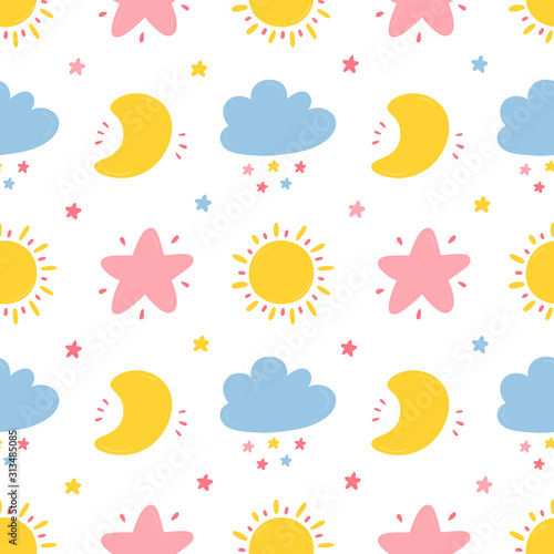 Vector Seamless Pattern with Cute Moon, Cloud, Star and Sun Icons. Sky Background for Kids Fashion, Nursery, Baby Shower Scandinavian Design.