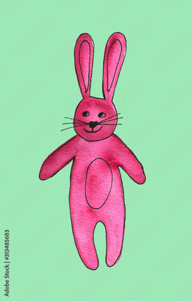 Cute bright pink bunny and spots. Funny cartoon watercolor rabbit with heart Cute bright pink bunny and spots. Funny cartoon watercolor rabbit with heart
