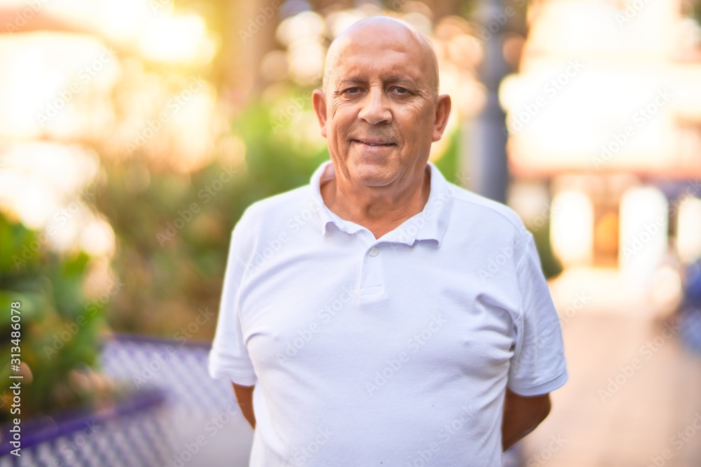 Senior handsome man smiling happy and confident. Standing with smile on face at town street Senior handsome man smiling happy and confident. Standing with smile on face at town street