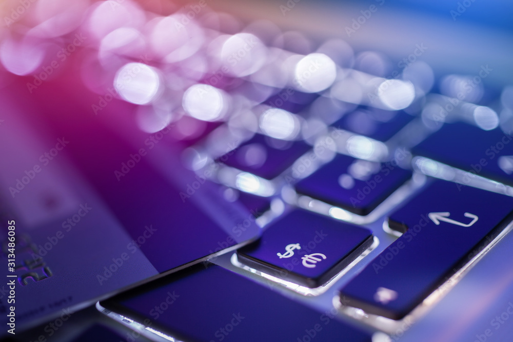 Laptop computer keyboard with dollar, euro key and credit card, online shopping, e-commerce concept Laptop computer keyboard with dollar, euro key and credit card, online shopping, e-commerce concept