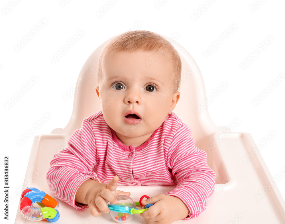 Portrait of cute little baby sitting in high-chair against white background Portrait of cute little baby sitting in high-chair against white background