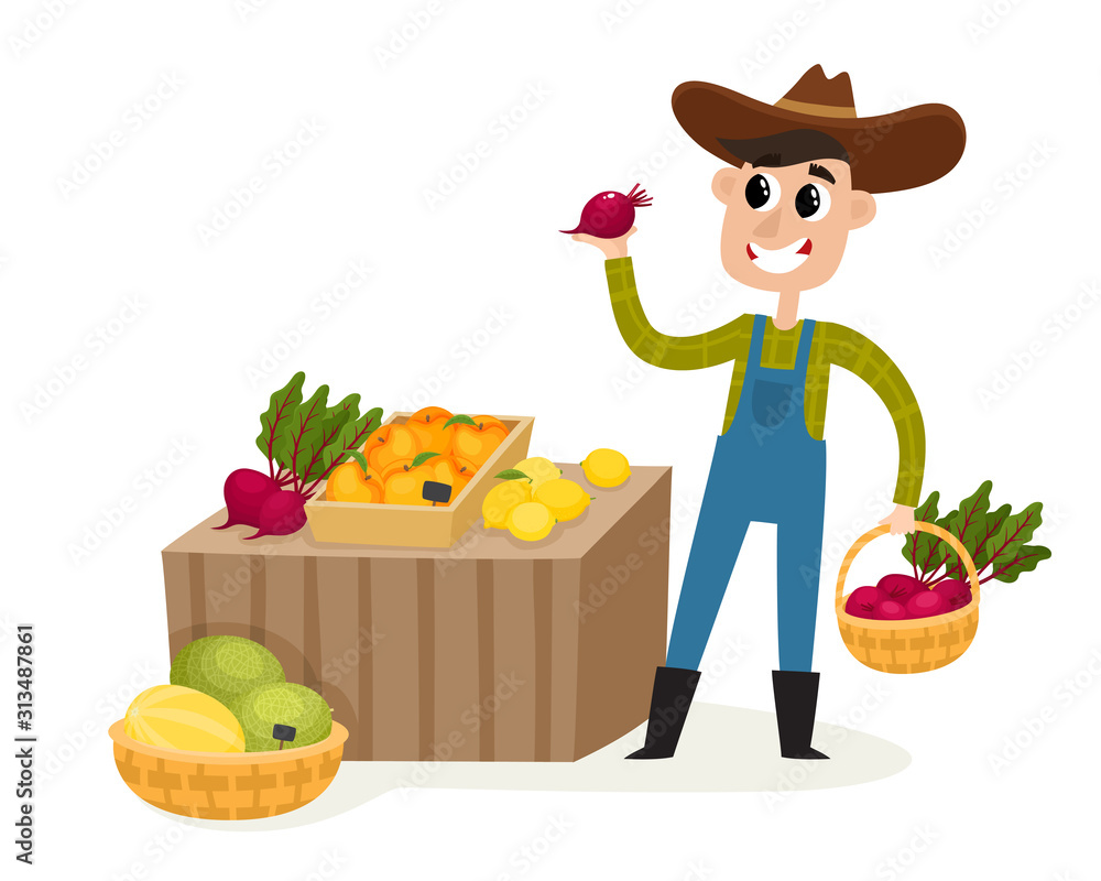 Local market farmer selling vegetables and fruits isolated on white. Local market farmer selling vegetables and fruits isolated on white.