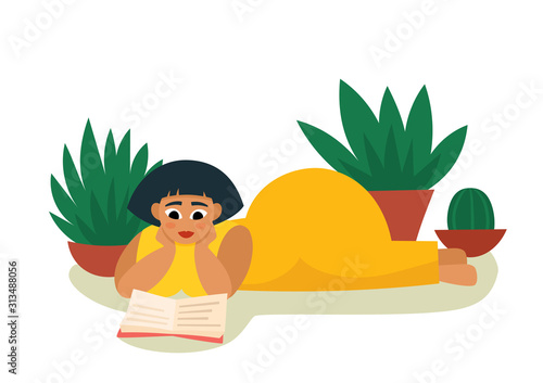 Vector illustration with plump woman reading book isolated on white