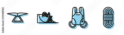 Set line Parachute, Hang glider, Bicycle on street ramp and Climber rope icon. Vector
