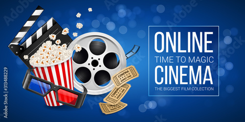 Cinematograph Concept Banner Design Template with Movie Clapper Board, Cinema Vintage Ticket, Popcorn in the Striped Bag, Film Reel and 3d Glasses Over Blue Background with Light Effects