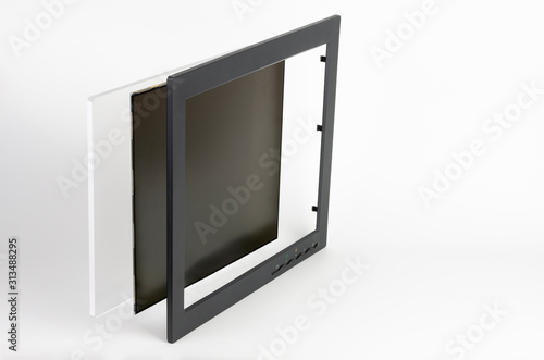 Three part of LCD monitor, firtst plastic frame, the second panel consists of polarizing filters, glass and liquid-crystal display, third 6 mm organic glass.