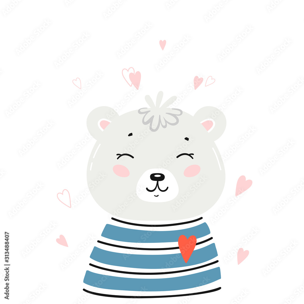 T-shirt Print Design for Kids with Little Cute Polar Bear Head with Hearts. Teddy Bear Face. Doodle Cartoon Kawaii Animal Vector Illustration. Scandinavian Print or Poster Design, Baby Shower Card T-shirt Print Design for Kids with Little Cute Polar Bear Head with Hearts. Teddy Bear Face. Doodle Cartoon Kawaii Animal Vector Illustration. Scandinavian Print or Poster Design, Baby Shower Card