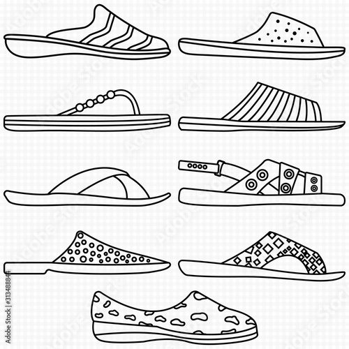 Set, collection transparent outline icons male and female slippers, sandals and flip-flops with straps and soles for men and women on transparent background. Vector isolated various icon of slippers.