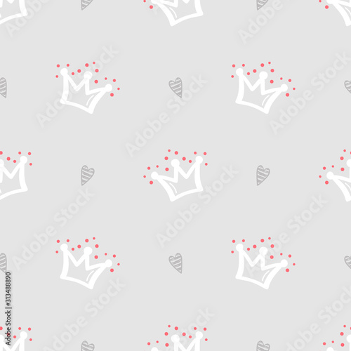 Cute Baby and Little Princess Background. Doodle Crown and Heart Seamless Childish Pattern