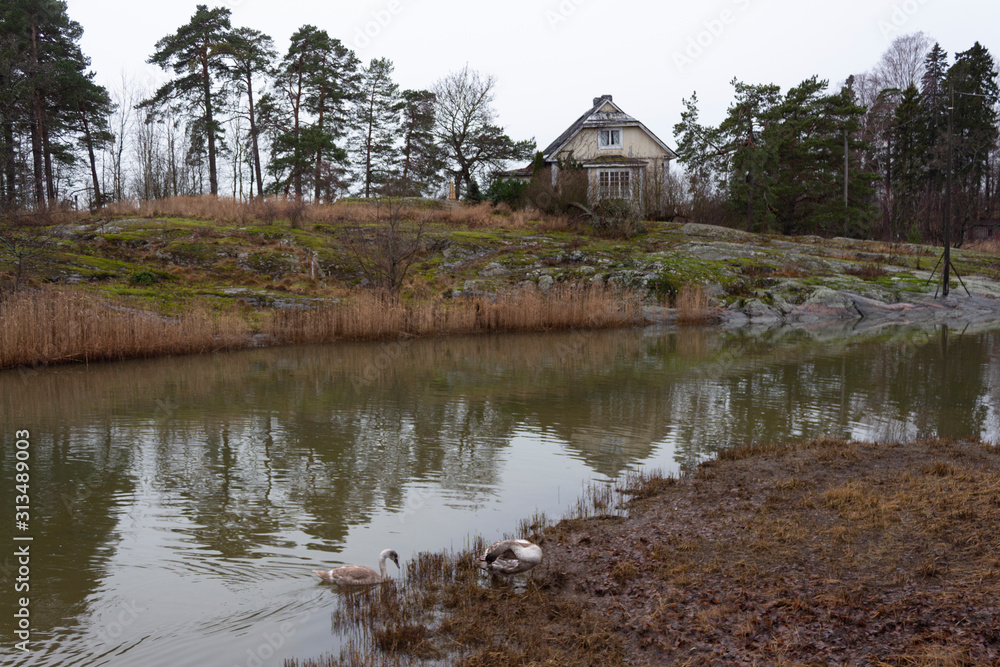 An old authentic rural house and flying trees on the island of Seurasaari is reflected in the lake water on a gloomy autumn day in Helsinki in Finland. Finland autumn landscape An old authentic rural house and flying trees on the island of Seurasaari is reflected in the lake water on a gloomy autumn day in Helsinki in Finland. Finland autumn landscape