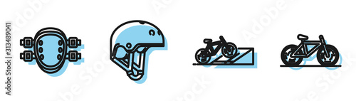 Set line Bicycle on street ramp, Knee pads, Helmet and Bicycle icon. Vector