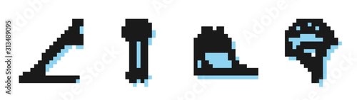 Set line Bicycle on street ramp, Skateboard, Ski poles and Bicycle helmet icon. Vector