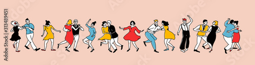 Crowd of dancing people in vintage style dresses and clothes. Swing dance horizontal banner. Lindy hop party characters  social event outline illustration. Solo and couples having fun.