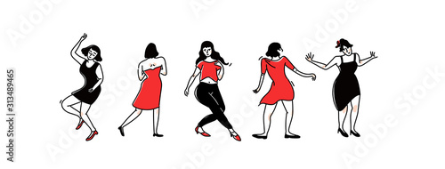 Group of dancing girls and women in party dresses. Lady solo dance at club, female characters having fun. Black and red outline vector illustration isolated on white background.