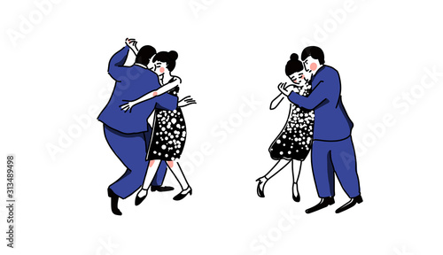 Couple dancers in close embrace position, two poses. Blue classic suit on man and elegant black dress with sequins on woman. Romantic date scene, tango or blues. Vector outline illustration for dance