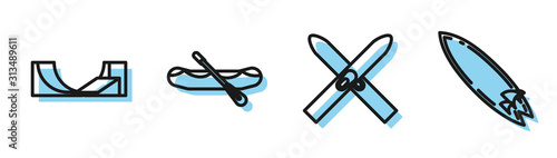 Set line Ski and sticks, Skate park, Rafting boat and Surfboard icon. Vector