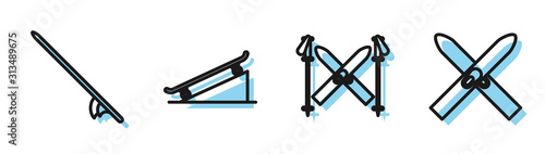 Set line Ski and sticks, Surfboard, Skateboard on street ramp and Ski and sticks icon. Vector