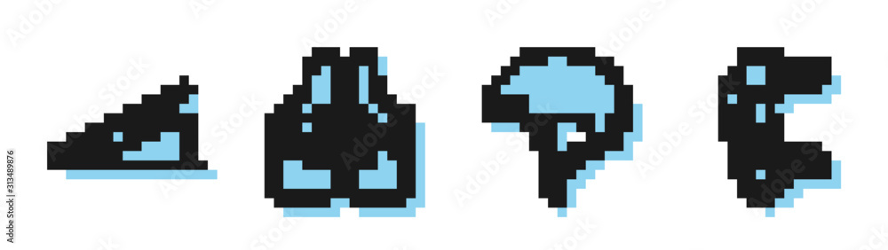 Set line Helmet, Skateboard on street ramp, Life jacket and Knee pads icon. Vector Set line Helmet, Skateboard on street ramp, Life jacket and Knee pads icon. Vector
