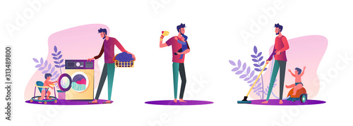 Set of male homemakers doing housework