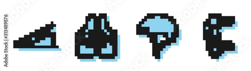Set line Helmet, Skateboard on street ramp, Life jacket and Knee pads icon. Vector
