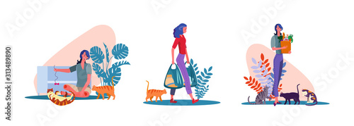 Set of young woman with cute cats