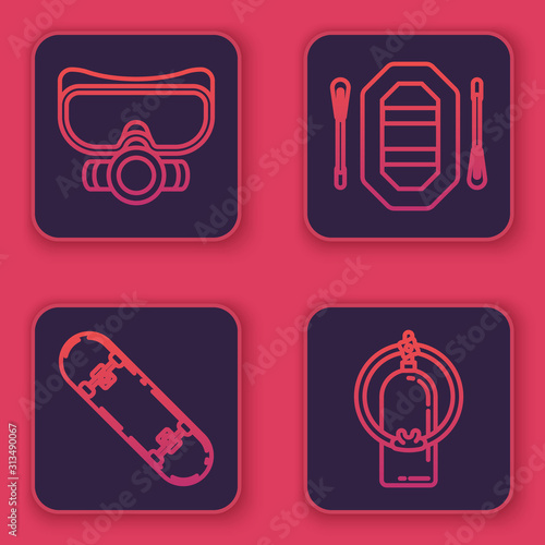 Set line Diving mask, Skateboard trick, Rafting boat and Aqualung. Blue square button. Vector