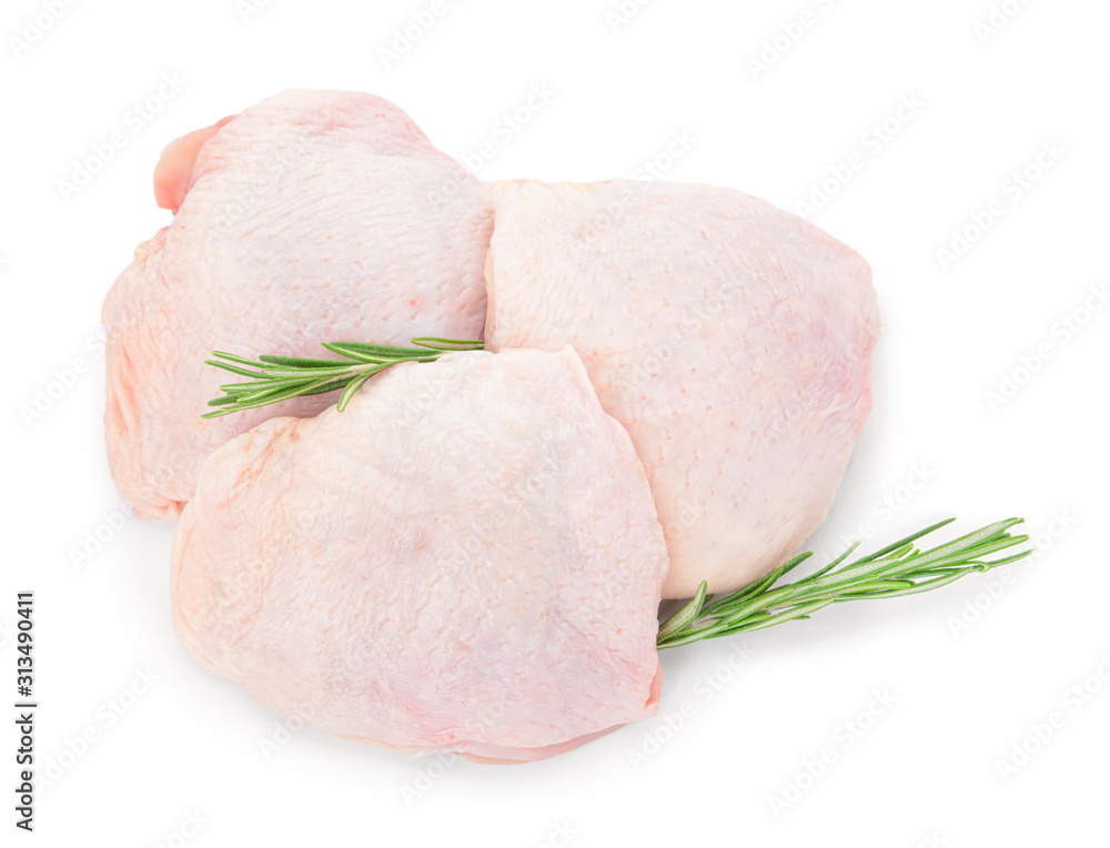 Raw chicken thighs on white background - obrazy, fototapety, plakaty 