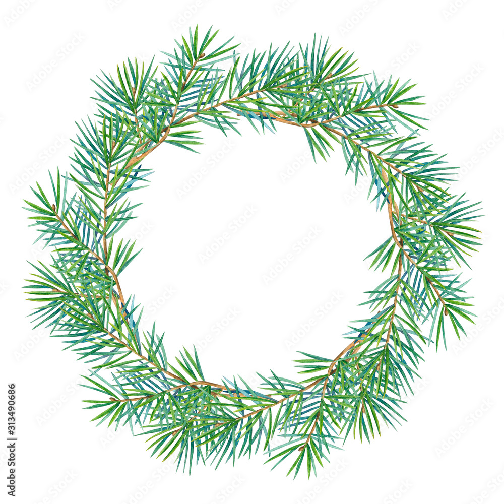 Round frame with watercolor wreath of fir branches.  Place for your text. Perfect for greetings, invitations, announcement, web and wedding design. Raster.