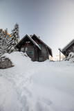 wooden house in winter forest in austria