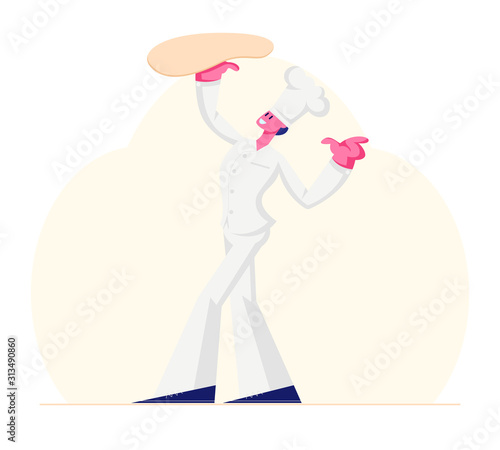 Concentrated Man Chef in White Uniform Spinning Dough on Hand at Kitchen. Professional Baker Preparing Pizza in Italian Cafe or Bakery Shop. Restaurant Staff Working Cartoon Flat Vector Illustration