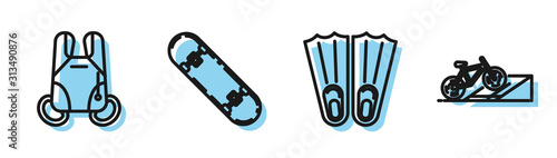 Set line Rubber flippers for swimming, Parachute, Skateboard trick and Bicycle on street ramp icon. Vector