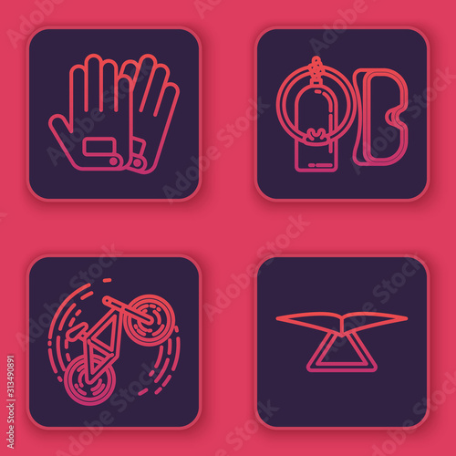 Set line Gloves, Bicycle trick, Diving mask and aqualung and Hang glider. Blue square button. Vector
