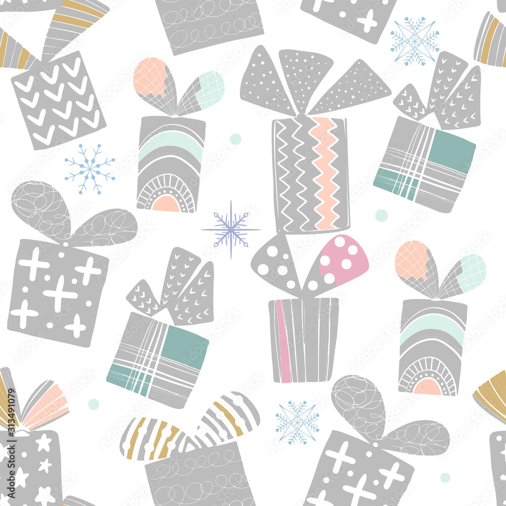 Pattern with christmas gift boxes. Beautiful present box on surface design. Wrapped beautiful scandinavian style