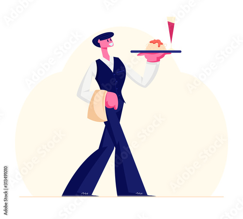 Young Waiter Male Character Wearing Uniform and Holding Towel Carrying Tray with Glass of Red Wine and Plate with Pasta and Sauce. Restaurant Staff Working. Hospitality Service Cartoon Flat Vector