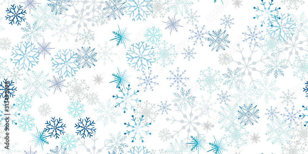 Gorizontal card celebrate freezing snowflakes background. Christmas print fabric wonderful wrapping surface pattern design. Blue snowflakes on light background. Gorizontal card celebrate freezing snowflakes background. Christmas print fabric wonderful wrapping surface pattern design. Blue snowflakes on light background.