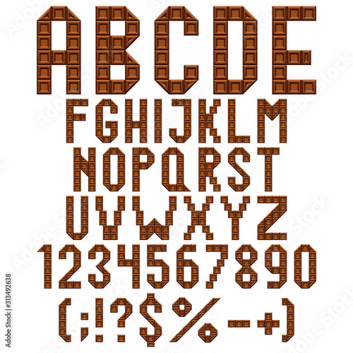 Chocolate alphabet, letters, numbers and signs. Set of isolated vector objects on a white background.